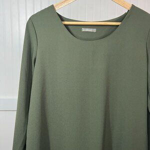 Dixie Olive Green 3/4 Sleeve Shift Dress Black Contrast Pocket Minimalist Chic